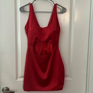 Beautiful sateen mini red dress with open front and pads